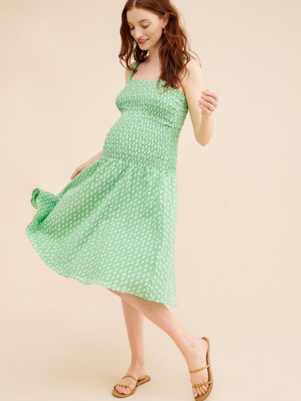Hatch The Evie Smocked Sun Dress Green Ditsy Floral Size 3